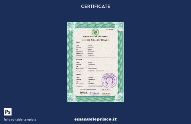 modello PSD del certificato di nascita dello stato civile delle Comore in stile 